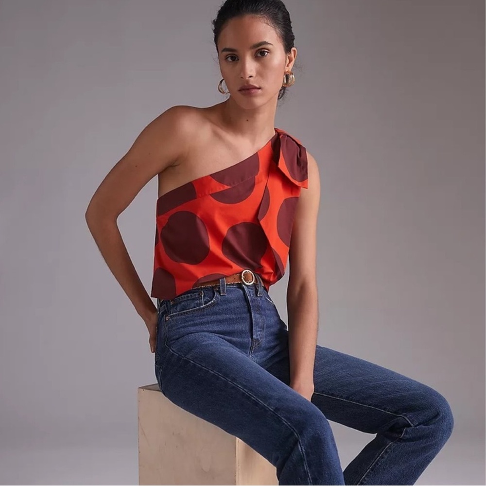 NWT Farm Rio x Anthropologie One Shoulder Bow polka Dot Cotton Shirt Size XS